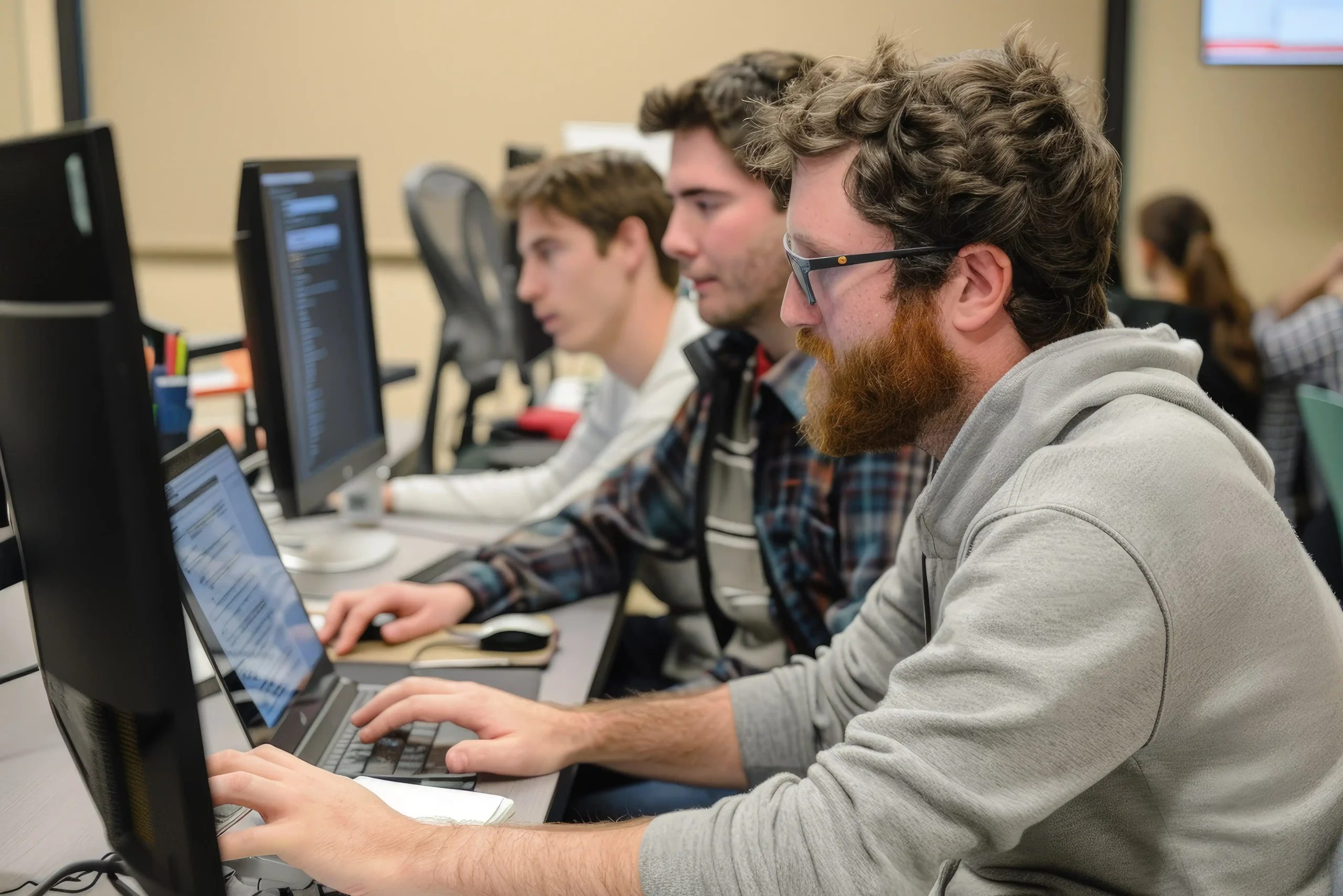 Development team working together at laptops